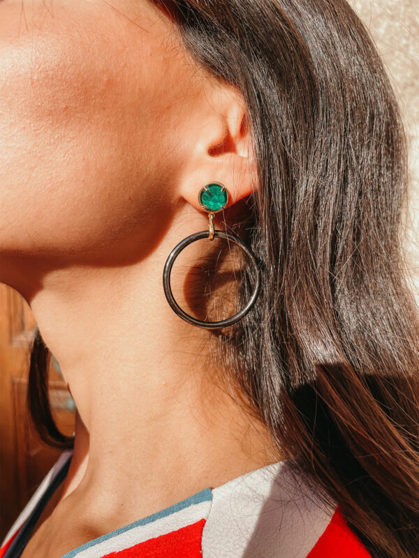 malachite earrings black circle rhodium silver green semiprecious stone