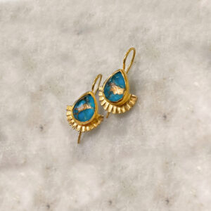 Drop Turquoise Copper pleated earrings, Σκουλαρίκια σταγόνα Τυρκουάζ Κόπερ με πτυχώσεις τονια μακρη κοσμήματα tonia makri jewellery