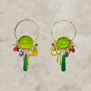 Venetian glass green earrings with multiple stones, Σκουλαρίκια πράσινο γυαλί Βενετίας με πολύχρωμες πέτρες Τόνια Μακρή χειροποίητα κοσμήματα