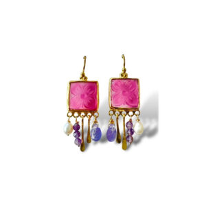 venetian glass earrings fuchsia flower tonia makri gold plated silver, επίχρυσα σκουλαρίκια ροζ φούξια λουλούδια Τόνια Μακρή